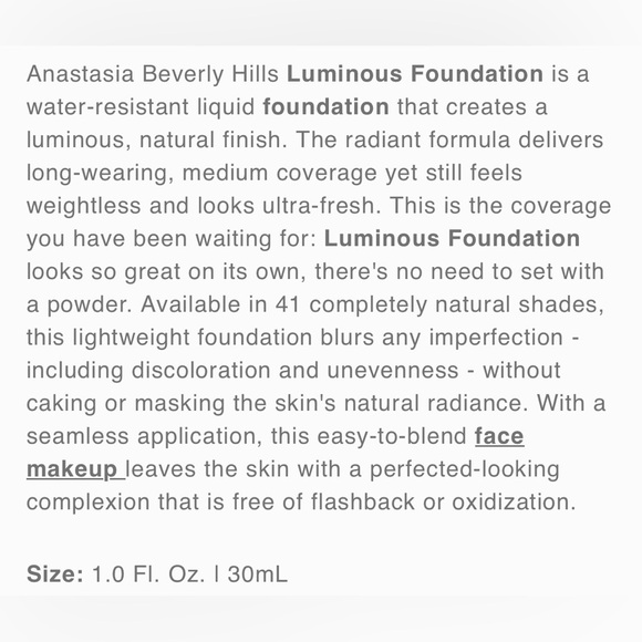 NEW Anastasia Beverly Hills Luminous Foundation 550W 30mL, 1.0 fl.oz. - Picture 3 of 4